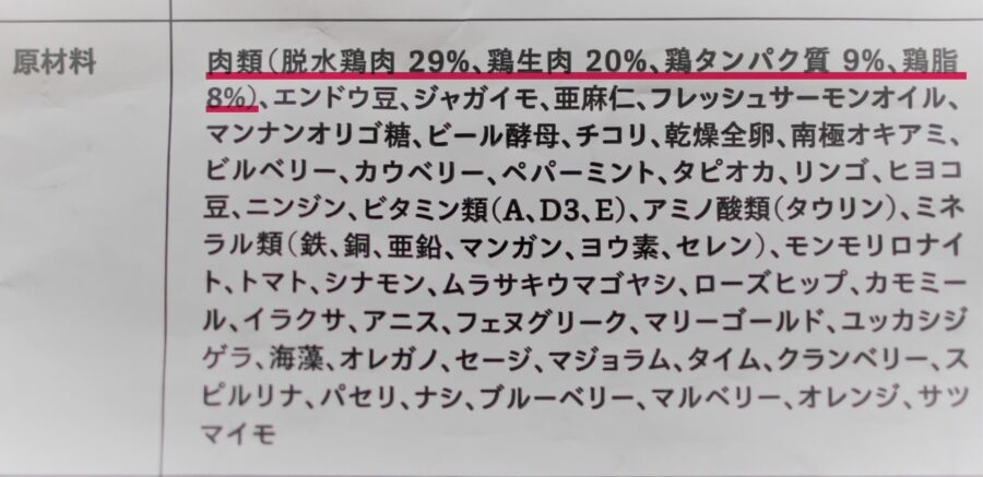 原材料の状態表記、%表記までされているキャットフードの例