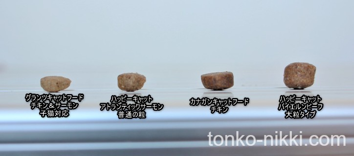 グランツチキン＆サーモンとカナガンキャットフードチキン、ハッピーキャットアトランティックサーモンとハッピーキャットバイエルンビーフの粒の大きさを比較：ハッピーキャットはカナガンと同じくらいのため特別大きくはない